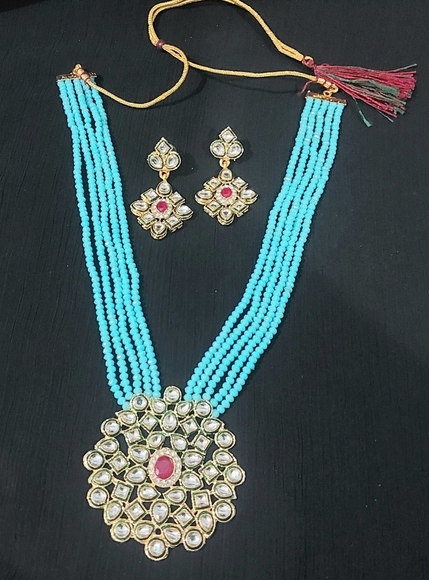 Kundan & crystal beads sky blue long necklace & earrings