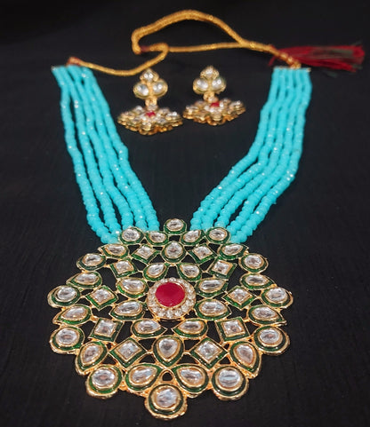 Kundan & crystal beads sky blue long necklace & earrings