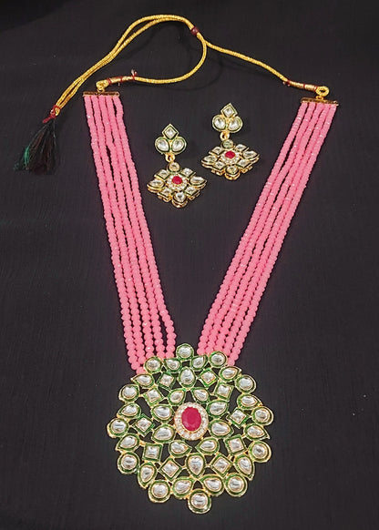 Kundan & crystal beads pink long necklace & earrings