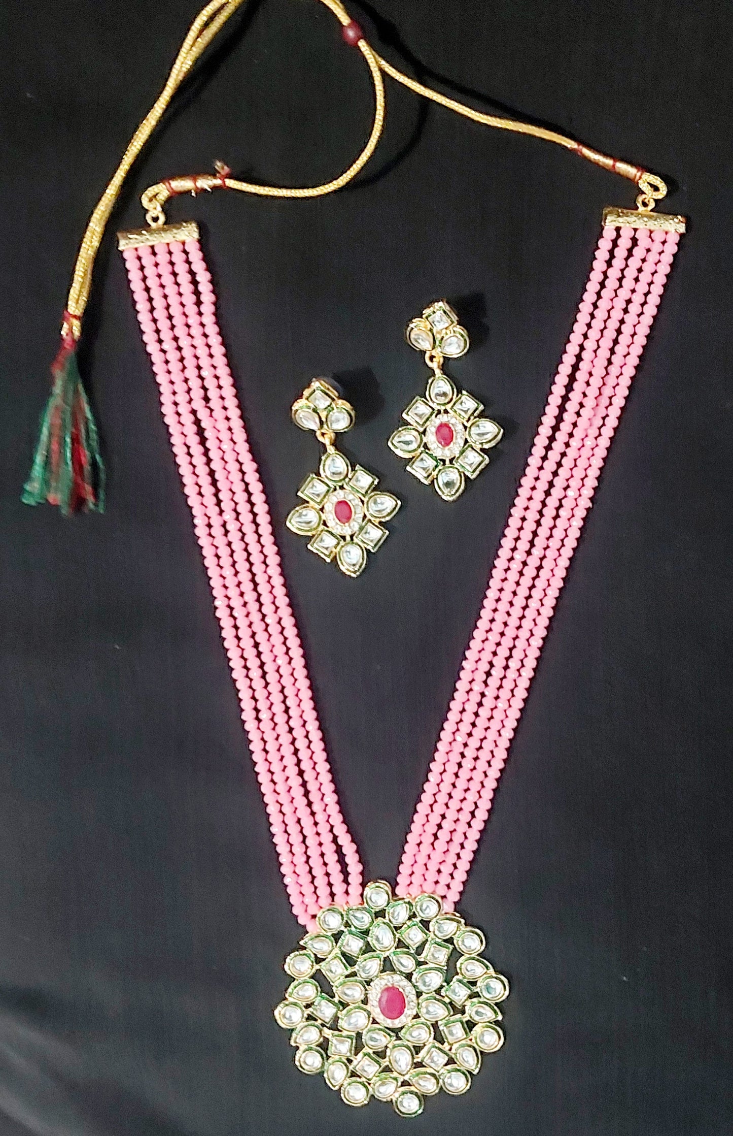 Kundan & crystal beads pink long necklace & earrings