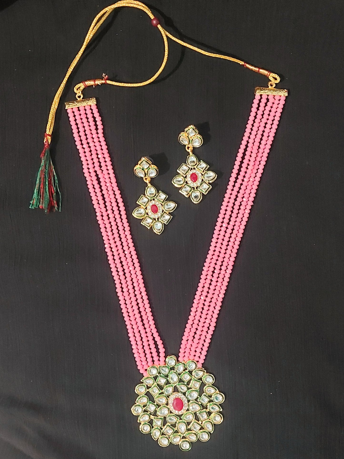 Kundan & crystal beads pink long necklace & earrings