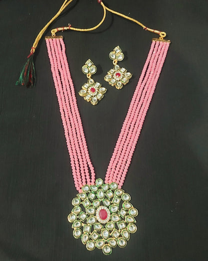 Kundan & crystal beads pink long necklace & earrings