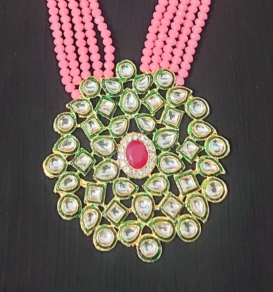 Kundan & crystal beads pink long necklace & earrings