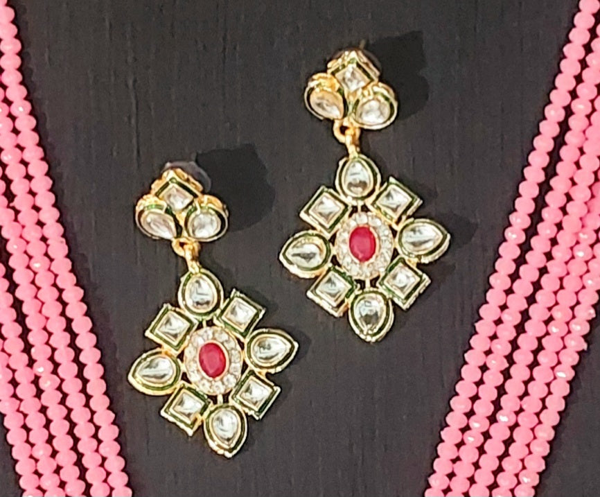 Kundan & crystal beads pink long necklace & earrings