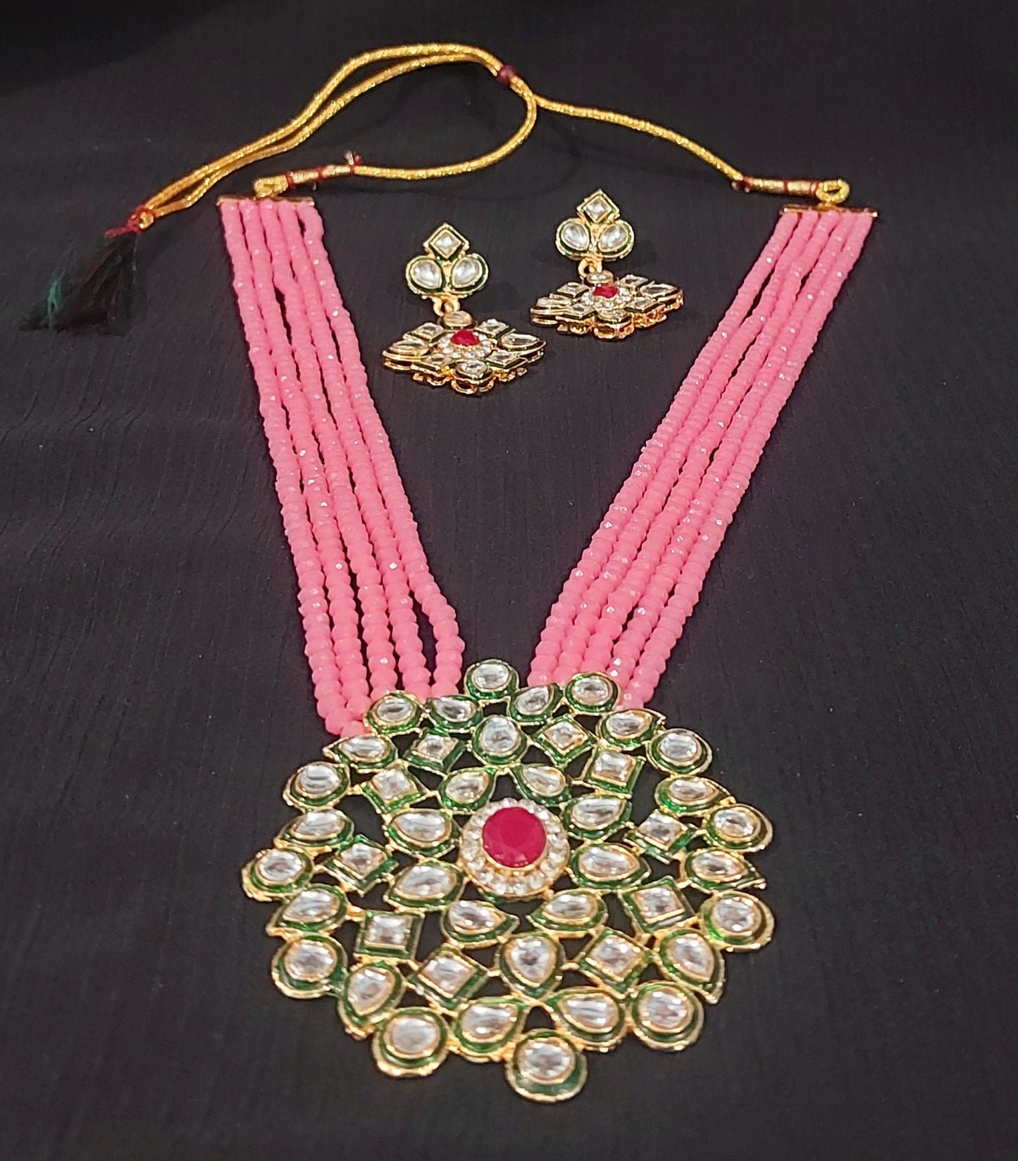 Kundan & crystal beads pink long necklace & earrings