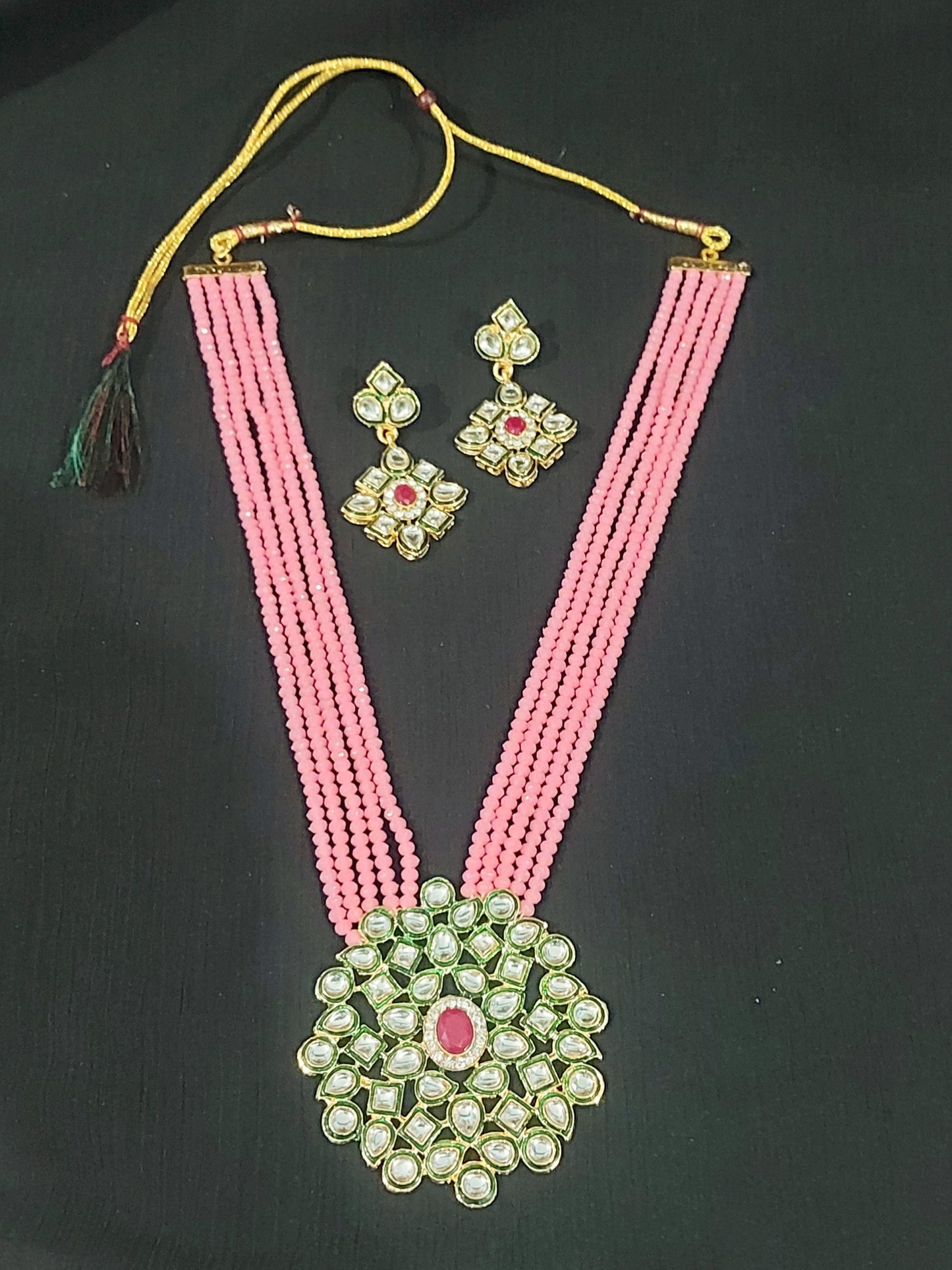 Kundan & crystal beads pink long necklace & earrings