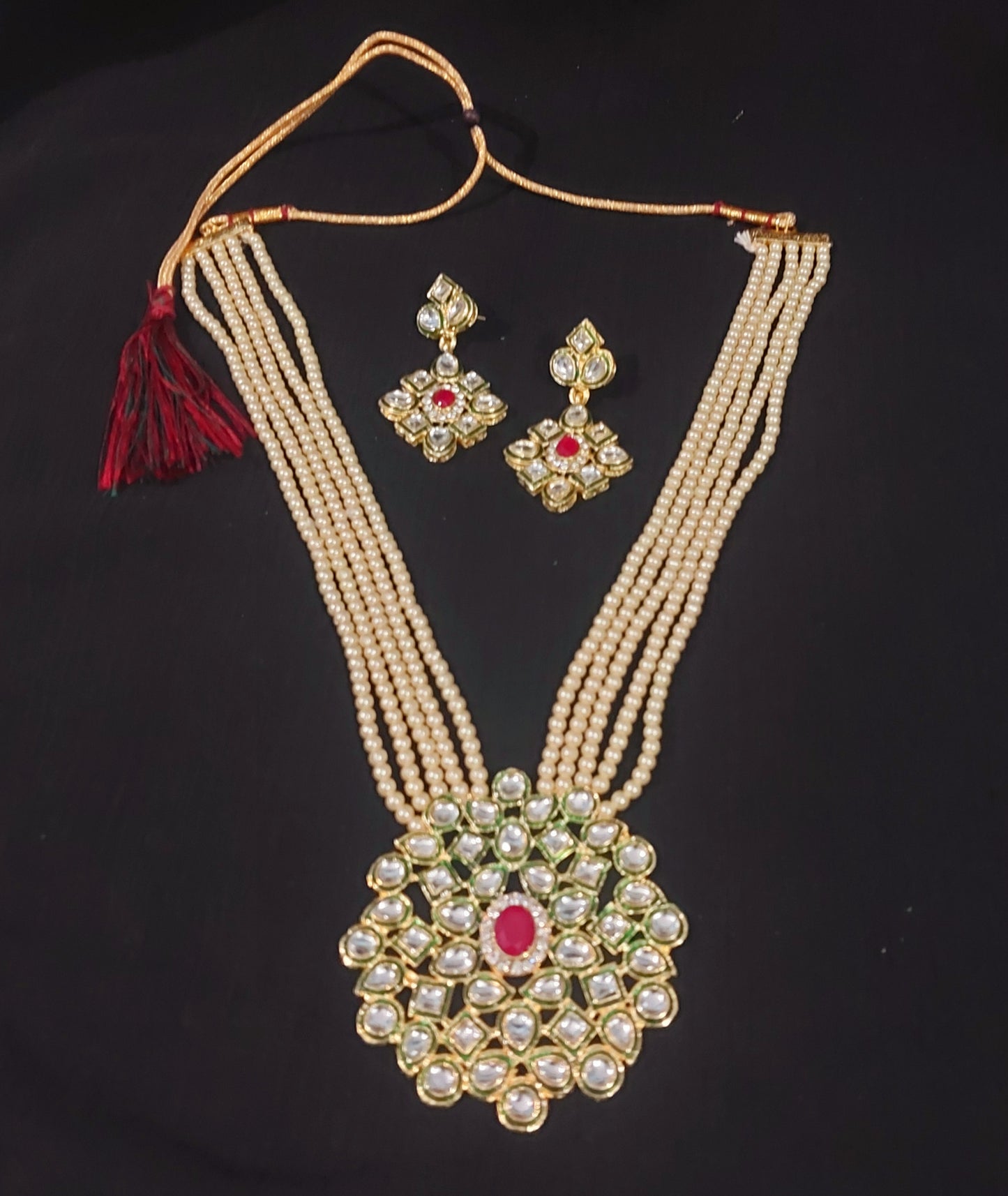 Kundan & off white  pearl beads long necklace & earrings