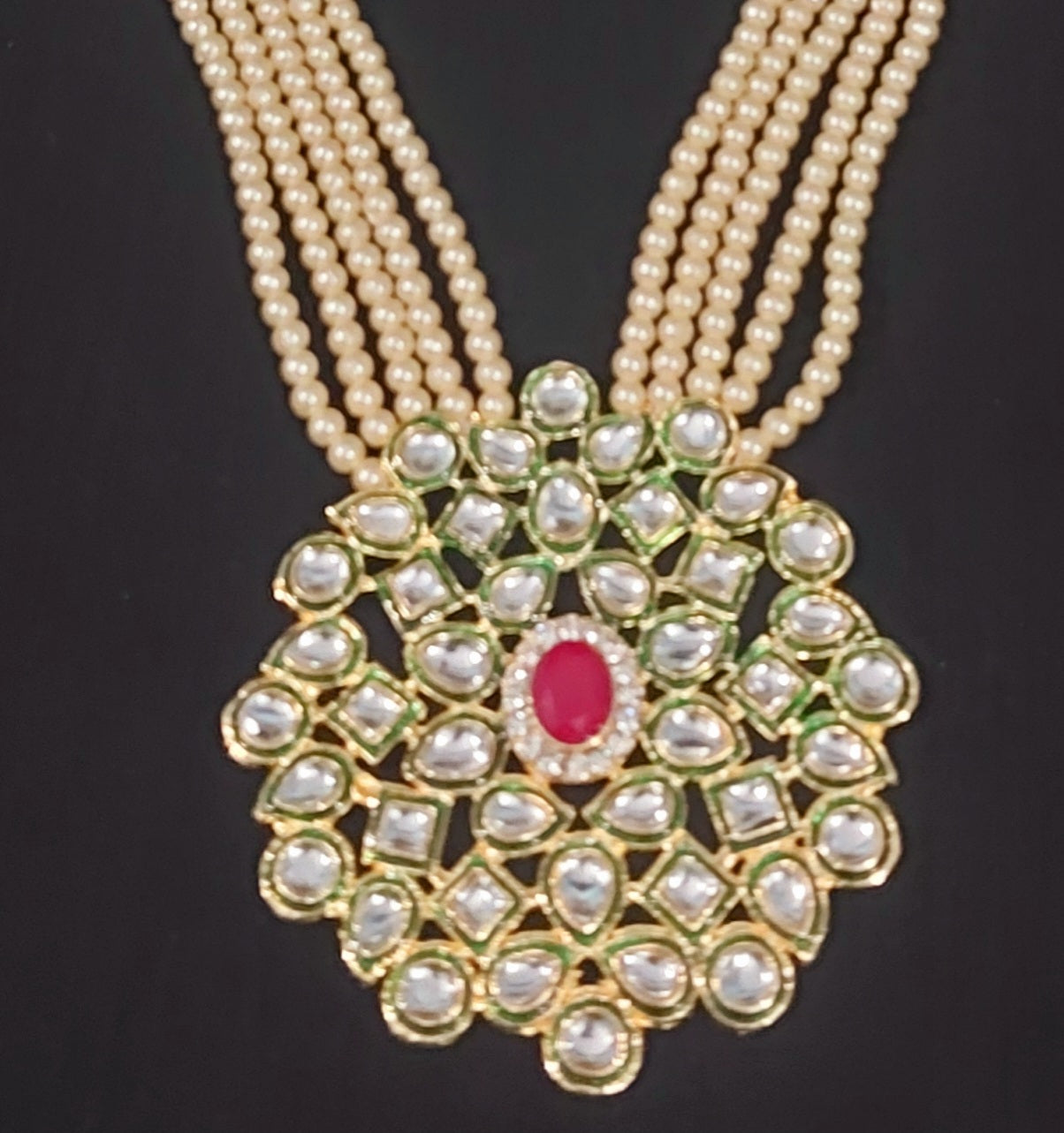 Kundan & off white  pearl beads long necklace & earrings