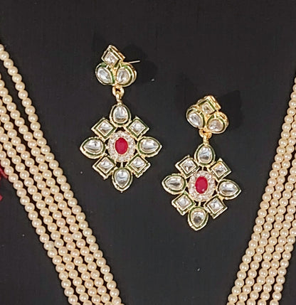 Kundan & off white  pearl beads long necklace & earrings