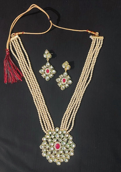 Kundan & off white  pearl beads long necklace & earrings