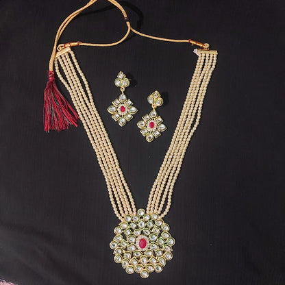 Kundan & off white  pearl beads long necklace & earrings