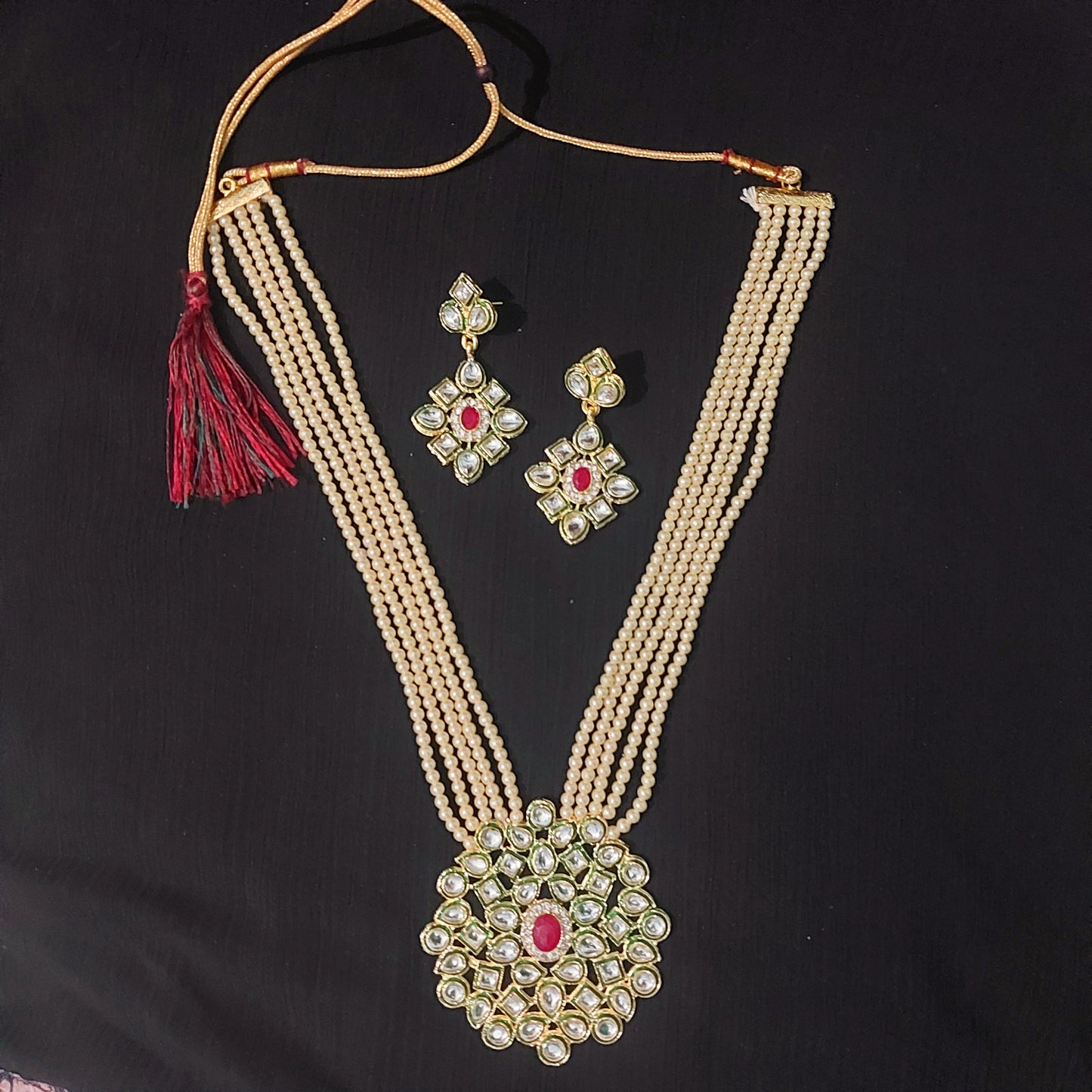 Kundan & off white  pearl beads long necklace & earrings