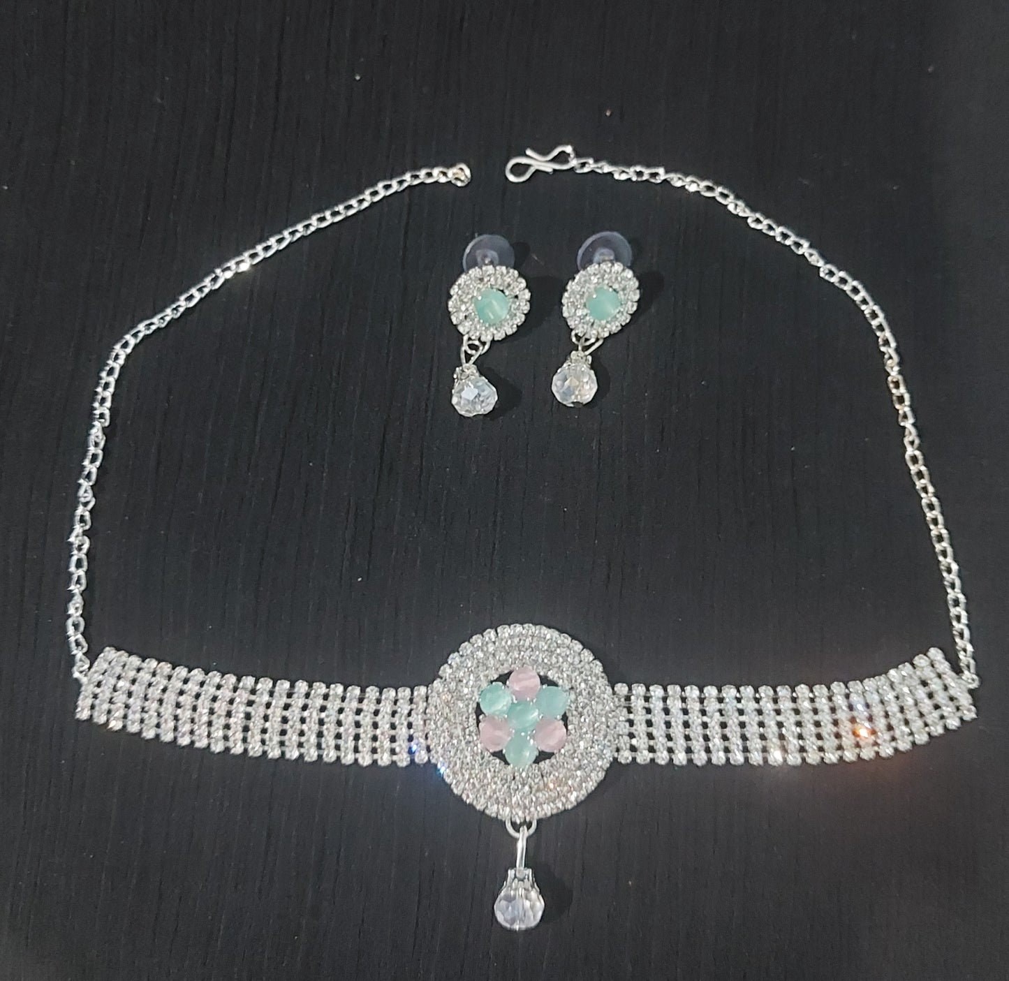 AD stones crystals & gem stones(monalisa stones) choker necklace & earrings