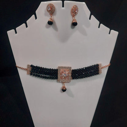 AD stones & crystals black choker necklace & earrings