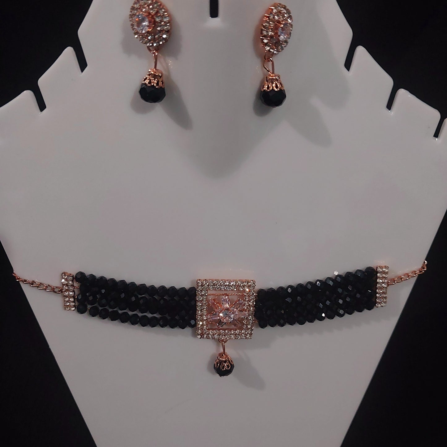 AD stones & crystals black choker necklace & earrings