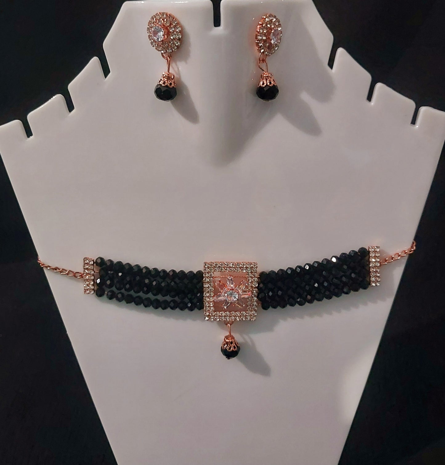 AD stones & crystals black choker necklace & earrings