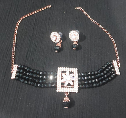 AD stones & crystals black choker necklace & earrings