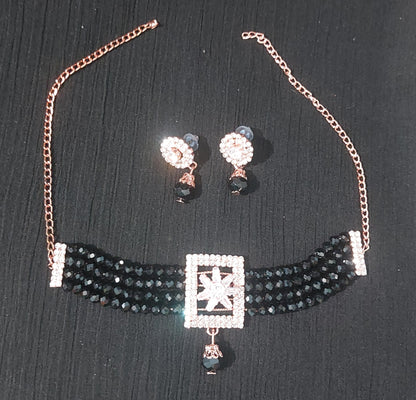 AD stones & crystals black choker necklace & earrings