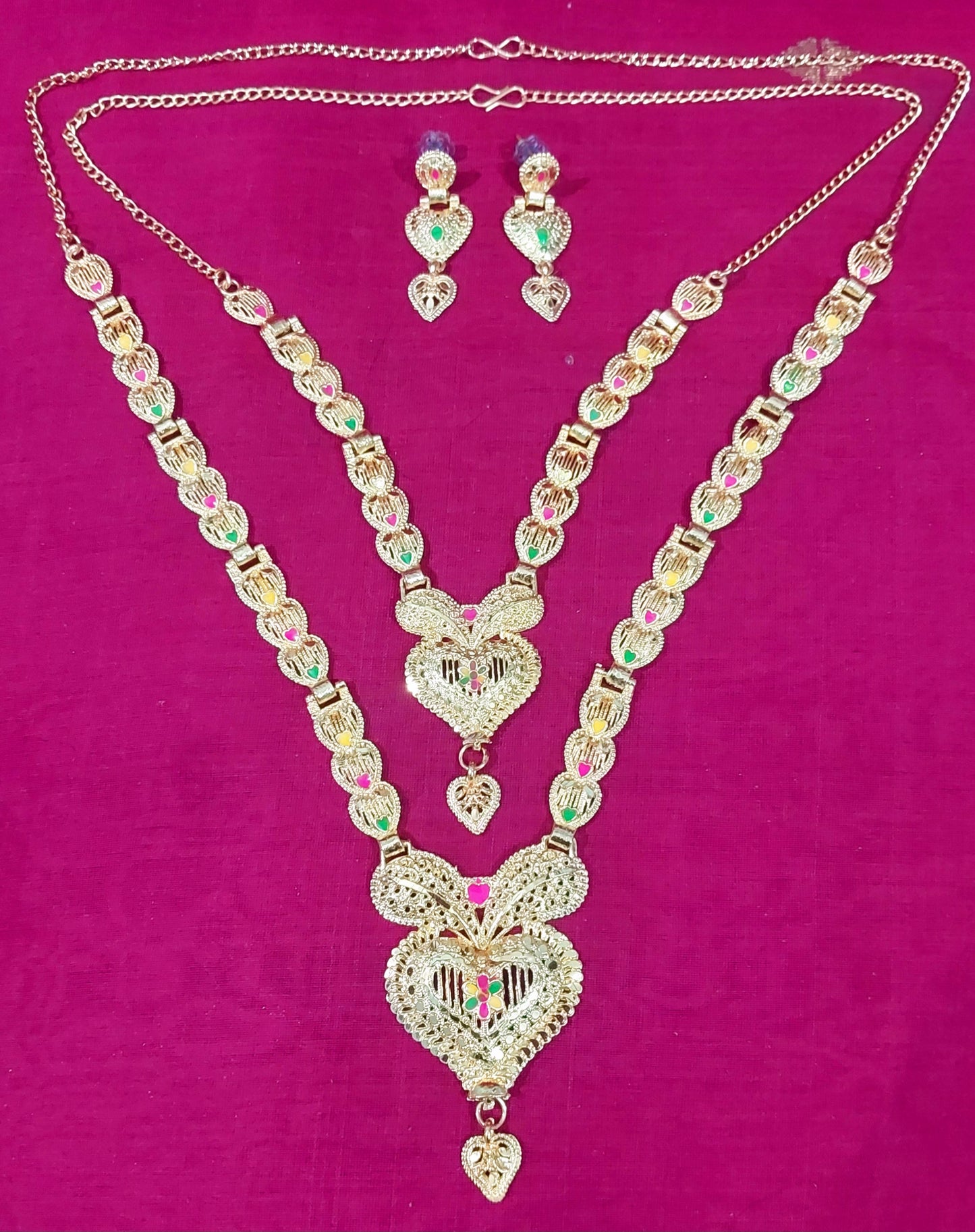 Gold enamel long necklace & earrings