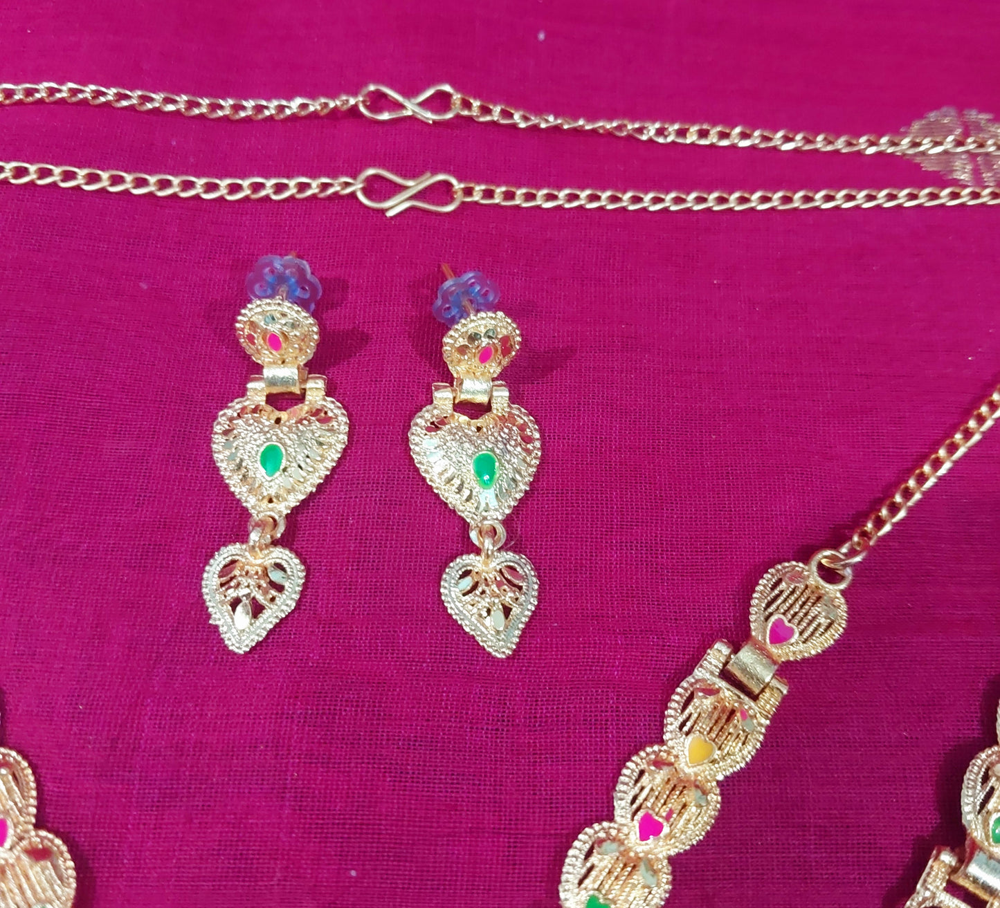 Gold enamel long necklace & earrings