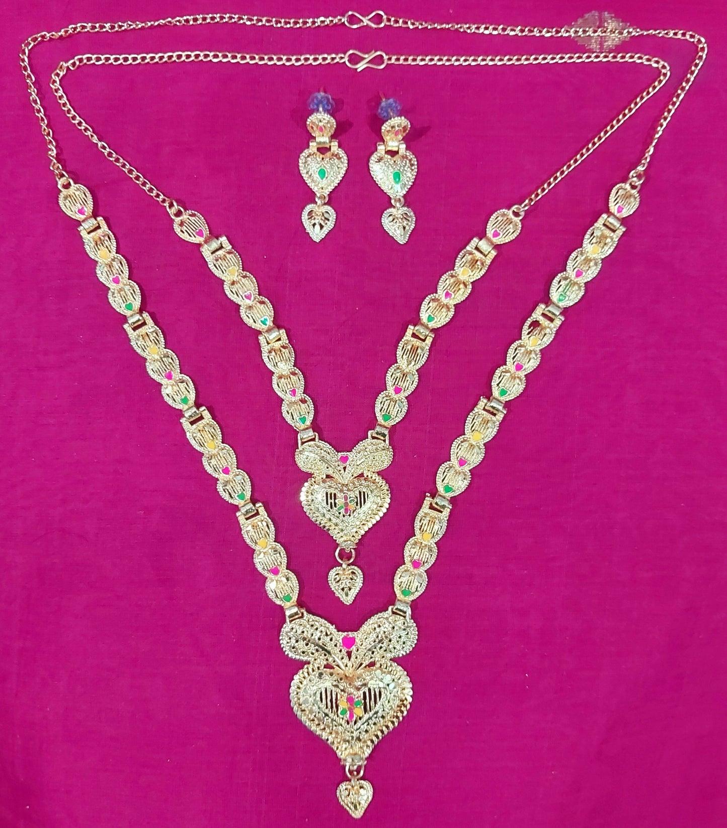 Gold enamel long necklace & earrings