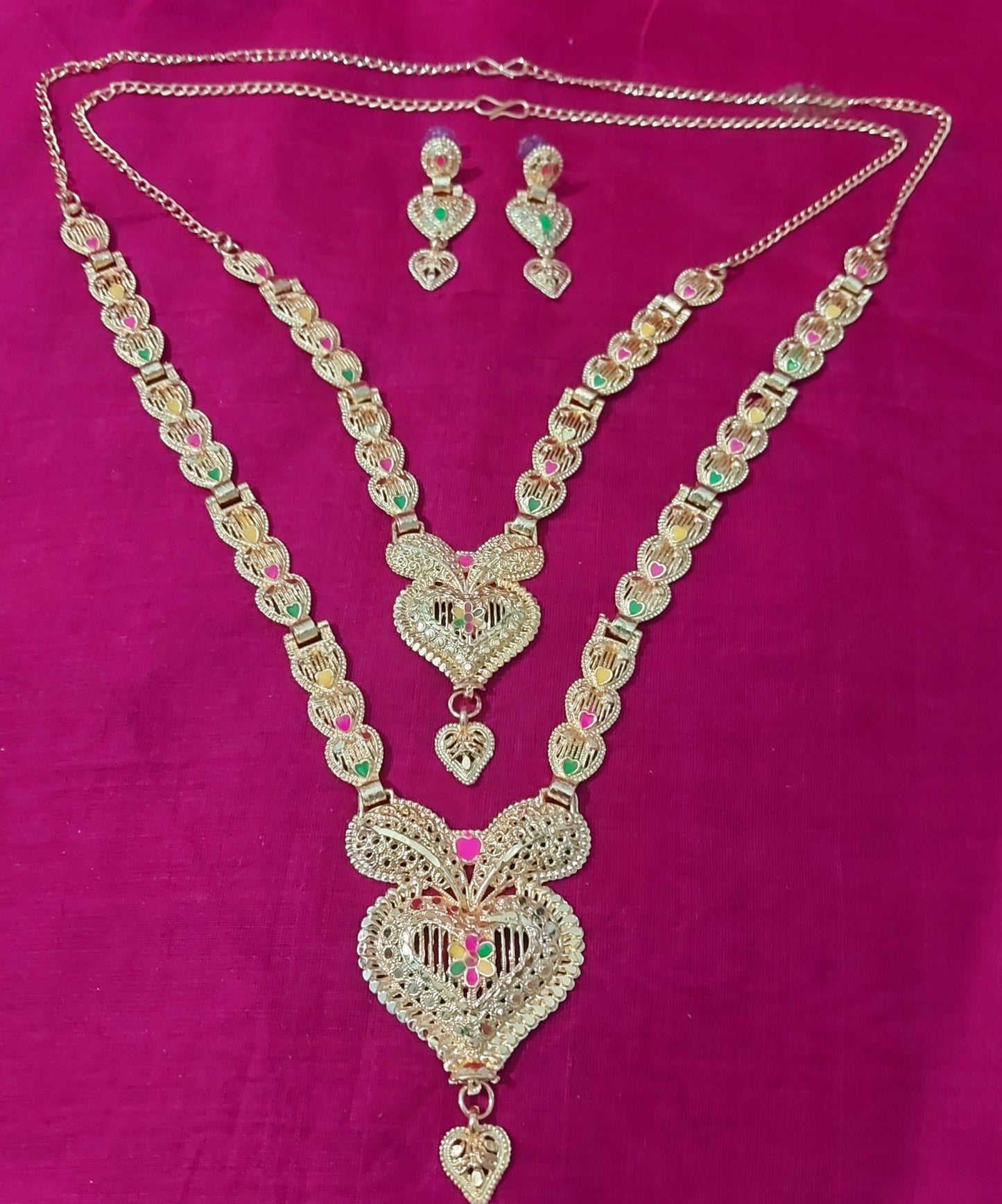 Gold enamel long necklace & earrings