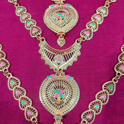 Gold enamel layered long necklace