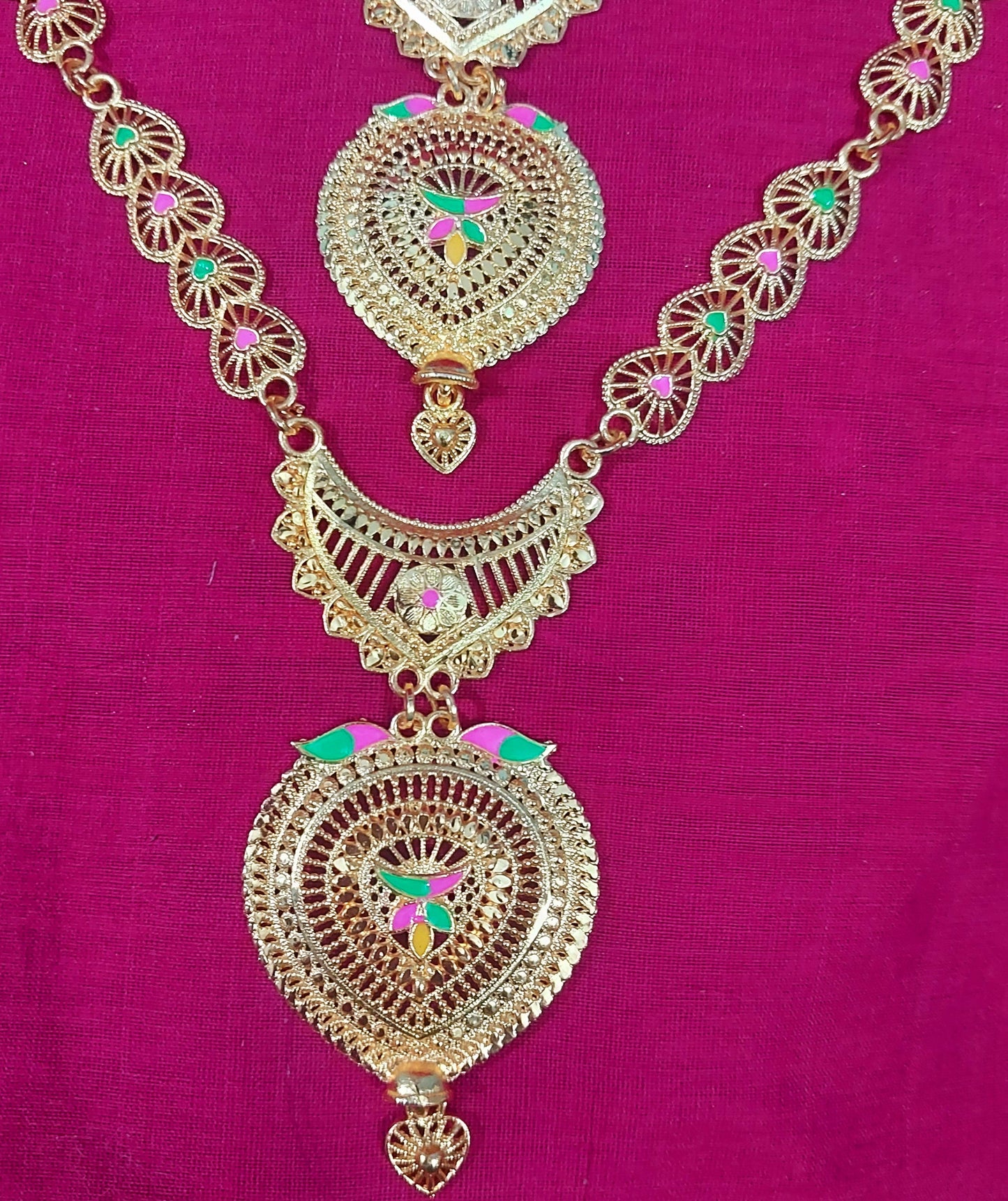 Gold enamel layered long necklace