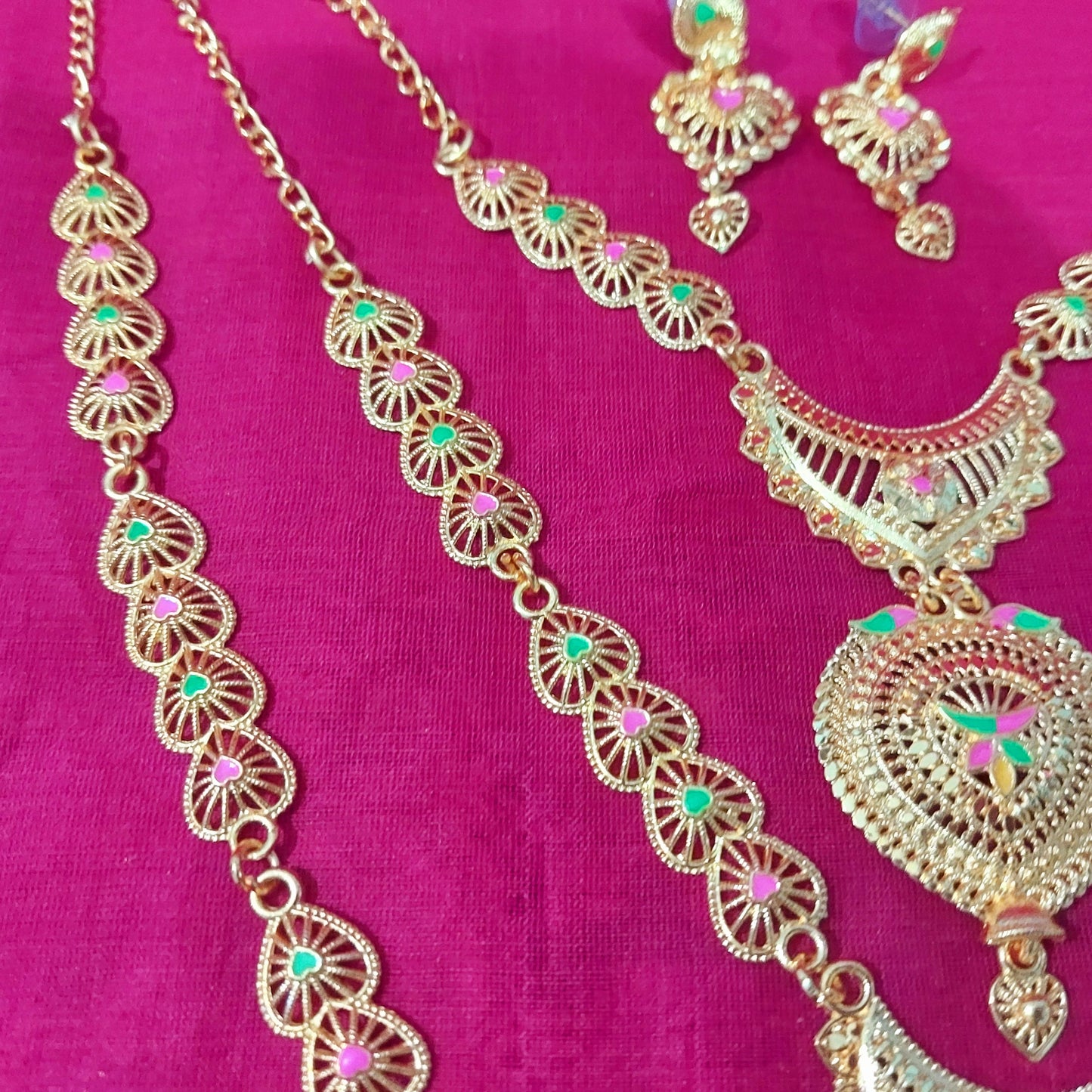 Gold enamel layered long necklace