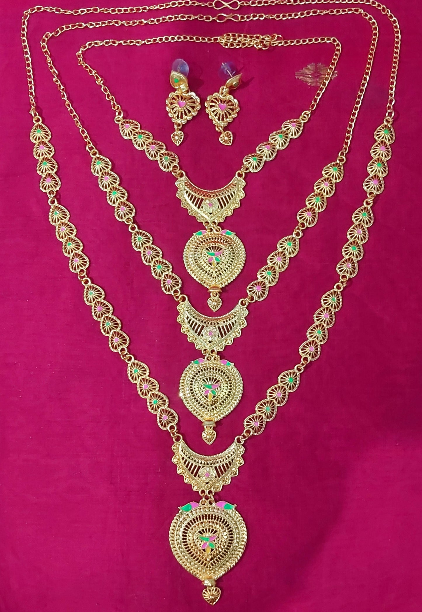 Gold enamel layered long necklace