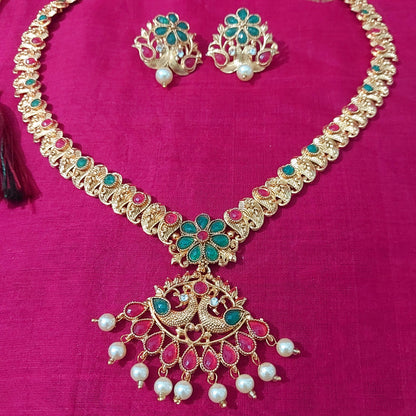 Matt finished kundan gold long  necklace & earrings