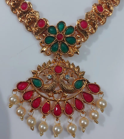 Matt finished kundan gold long  necklace & earrings