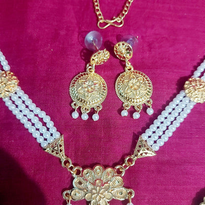 Pearl bead gold layered necklace & earrings