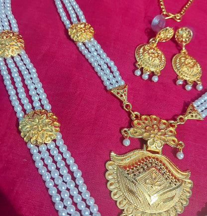 Pearl bead gold layered necklace & earrings