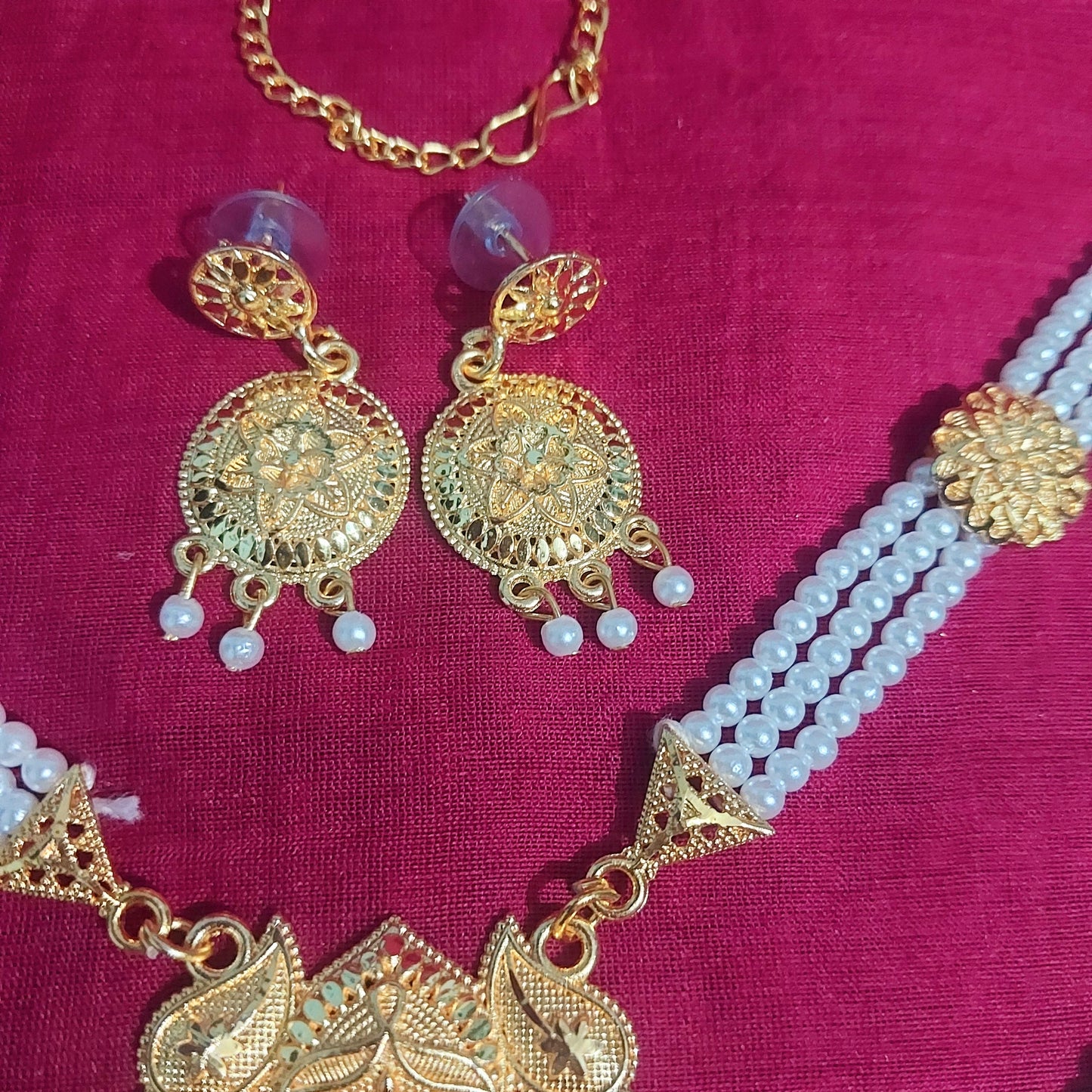 Pearl bead gold layered long necklace & earrings