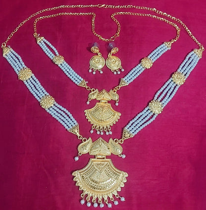 Pearl bead gold layered long necklace & earrings