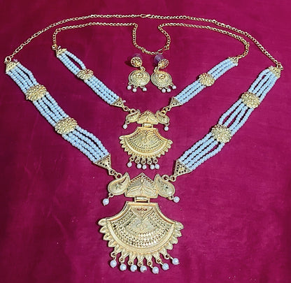 Pearl bead gold layered long necklace & earrings