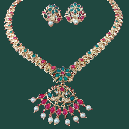 Matt finished kundan gold long  necklace & earrings