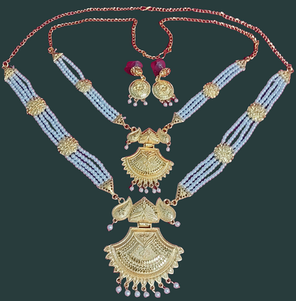 Pearl bead gold layered long necklace & earrings