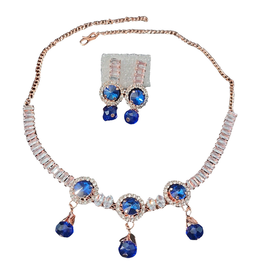 Rose Gold Blue AD stone crystal & beads necklace & earrings