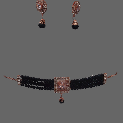 AD stones & crystals black choker necklace & earrings