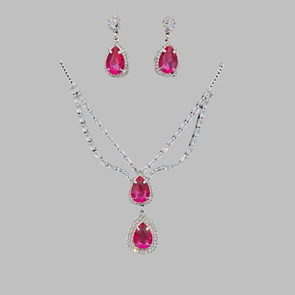 Silver AD stones,monalisa stones & crystals Rani Pink necklace & earrings