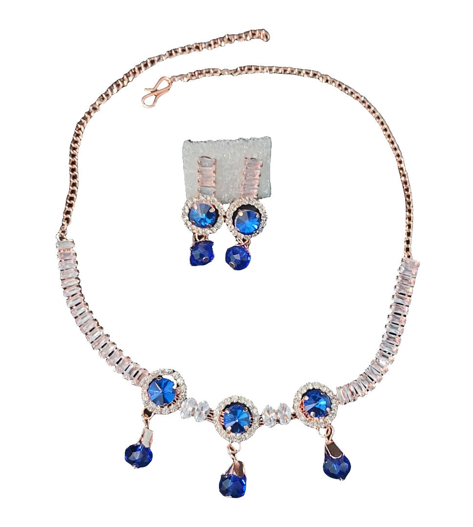 Rose Gold Blue AD stone crystal & beads necklace & earrings