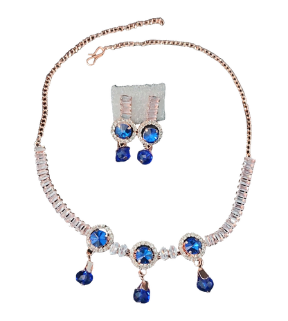 Rose Gold Blue AD stone crystal & beads necklace & earrings