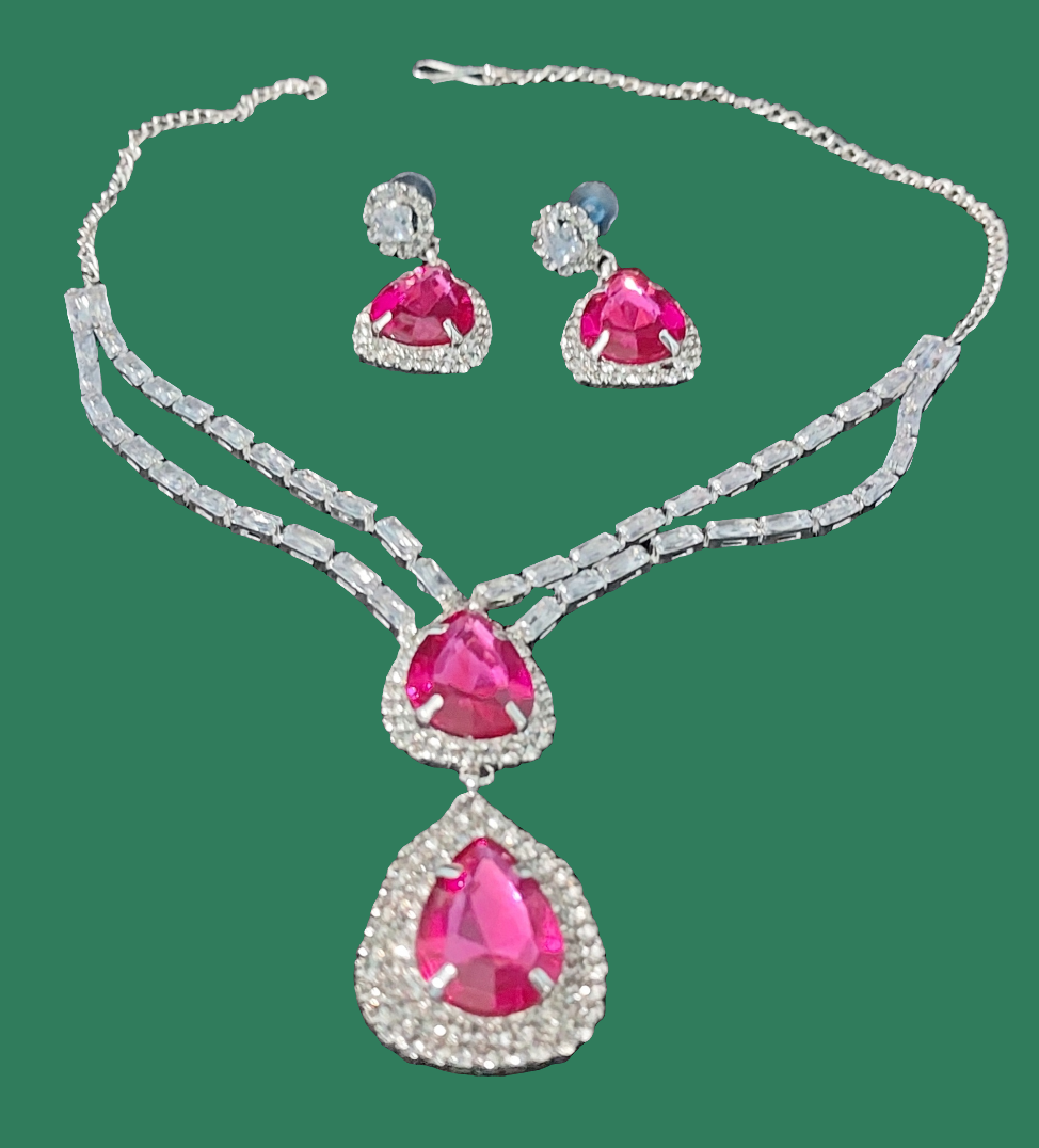 Silver AD stones,monalisa stones & crystals Rani Pink necklace & earrings