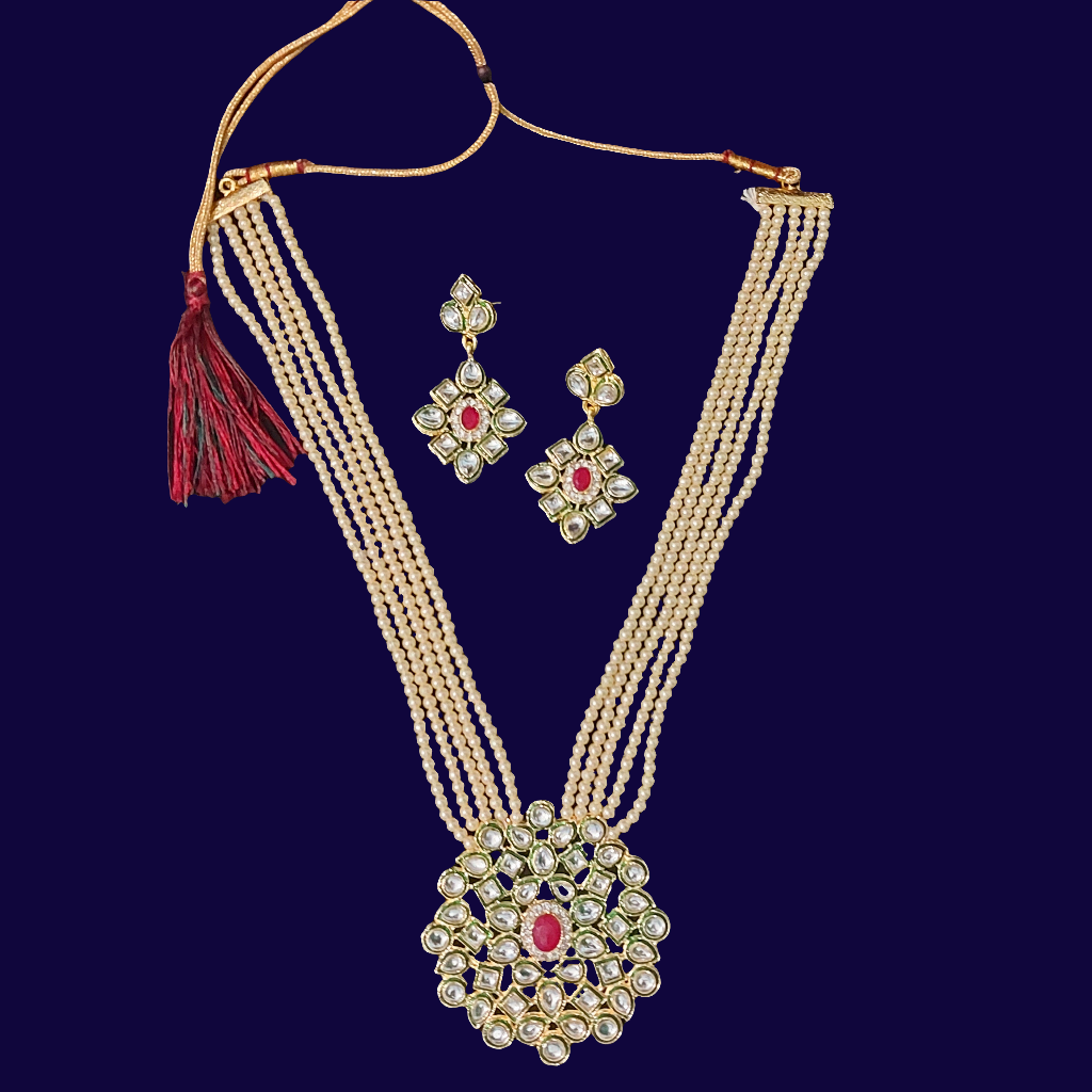 Kundan & off white  pearl beads long necklace & earrings