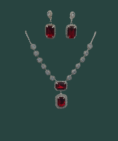 Silver AD stones red necklace & earrings