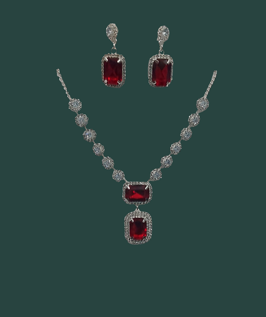 Silver AD stones red necklace & earrings