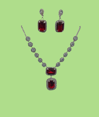 Silver AD stones red necklace & earrings