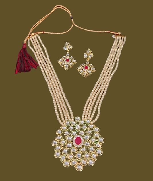 Kundan & off white  pearl beads long necklace & earrings